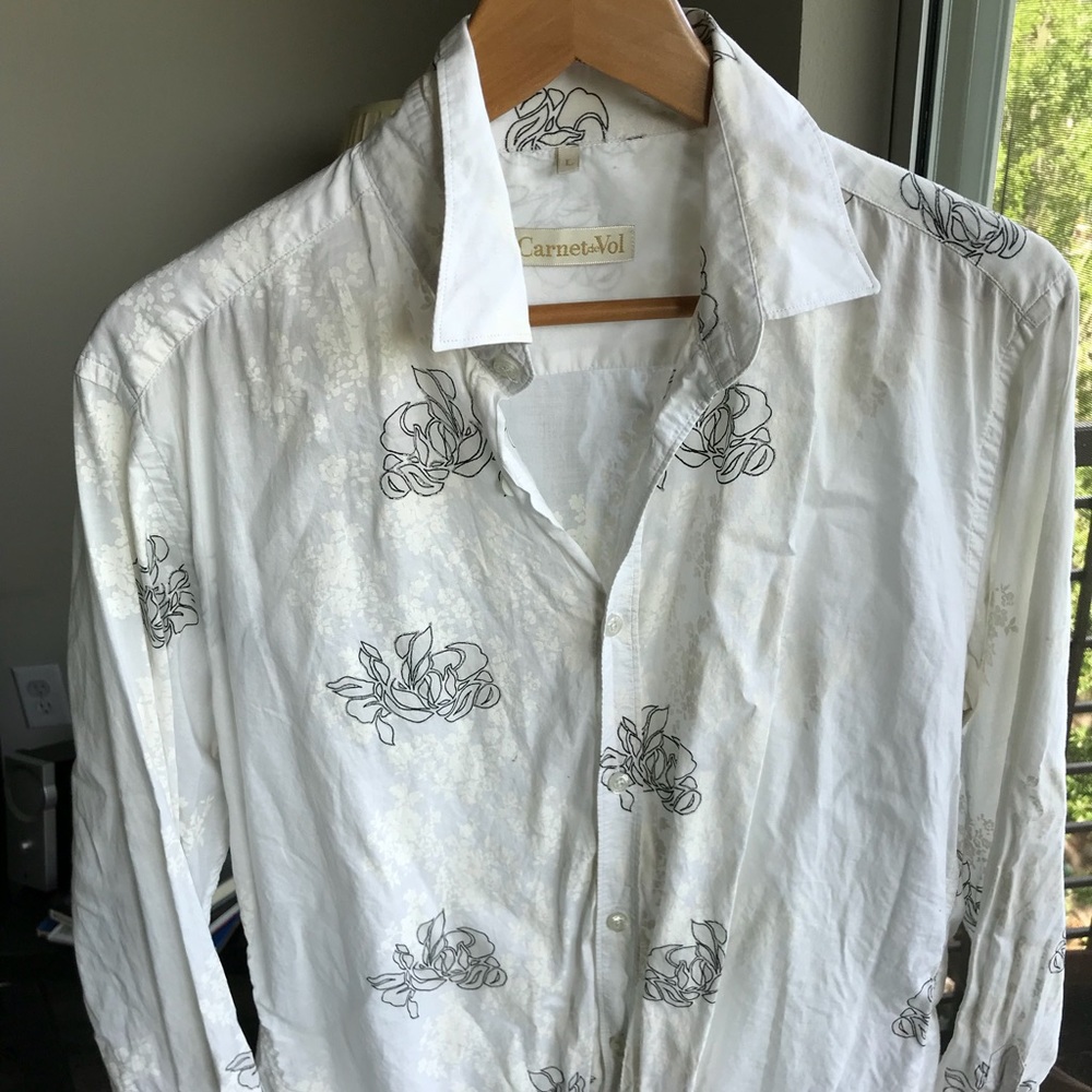 White Button Shirt With Flower Design (Large)